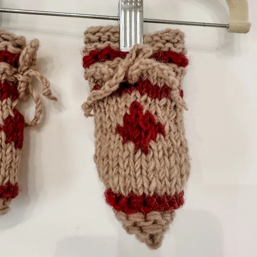 Knit Baby Booties 6-12 Mos Beige Burgundy Maple Leaf Lined Booties Handmade Wool